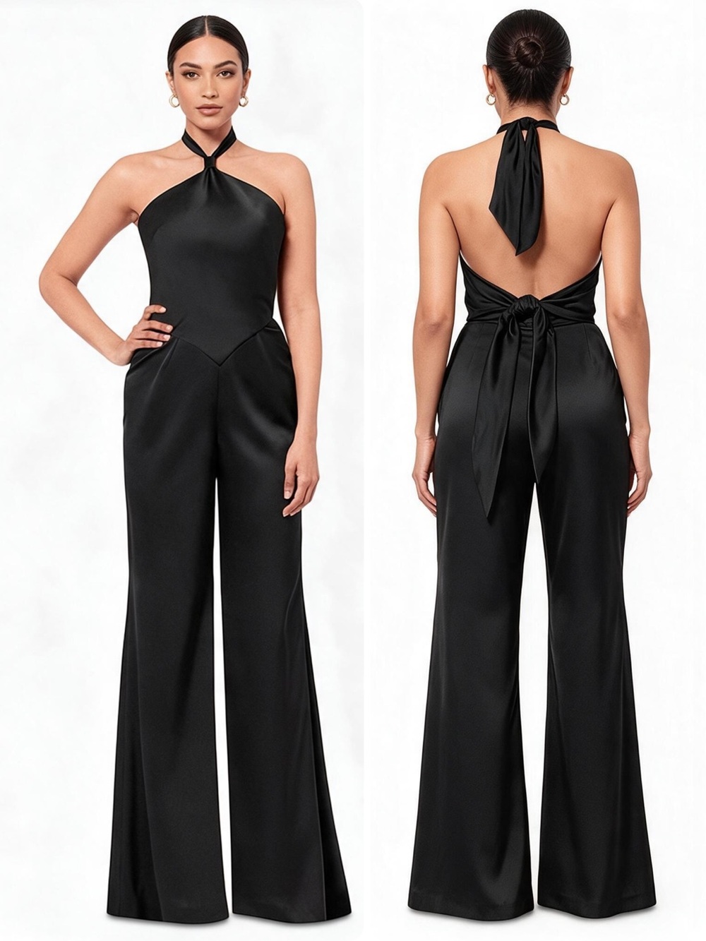 Aqua Formal Black Satin Halter-Neck Wide-Leg Tie-Back Jumpsuit NWT $268